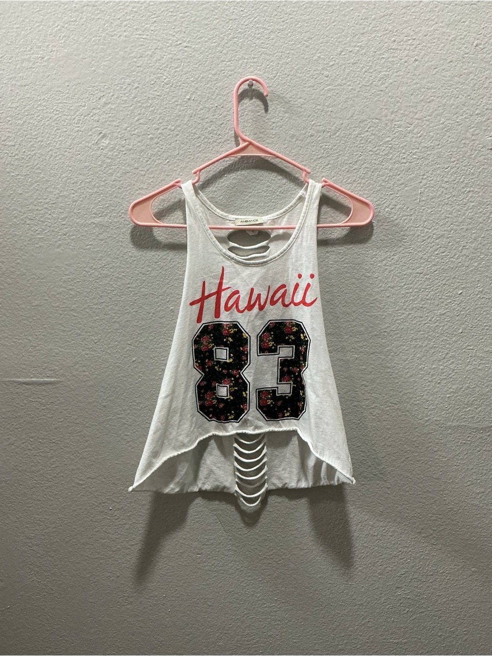 Ambiance White Tank Top with Red Script and Ladder Back Cutouts